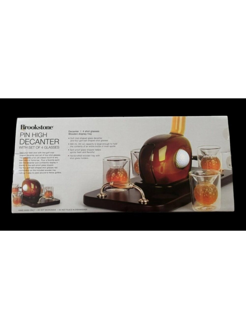Brookstone Pin High Decanter Set with 4 Shot Glasses & Wooden Tray - New in Box - Picture 2 of 7